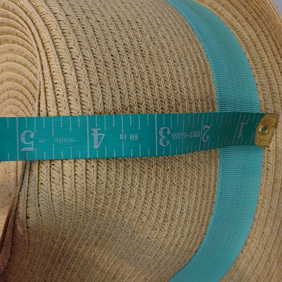 Charming Charlie Women's Tan Paper Straw Woven Fedora With Turquoise Bow Band - Picture 11 of 13